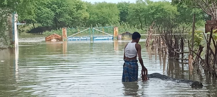 बारिश से मुसीबत टेसुवा  नदी का पानी पंहुचा गाँव तक ,  गांव हुए जलमग्न