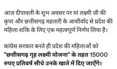 कांग्रेस सरकार बनते ही प्रदेश की महिलाओं को "छत्तीसगढ़ गृह लक्ष्मी योजना" के तहत 15000 रुपए मिलेंगें